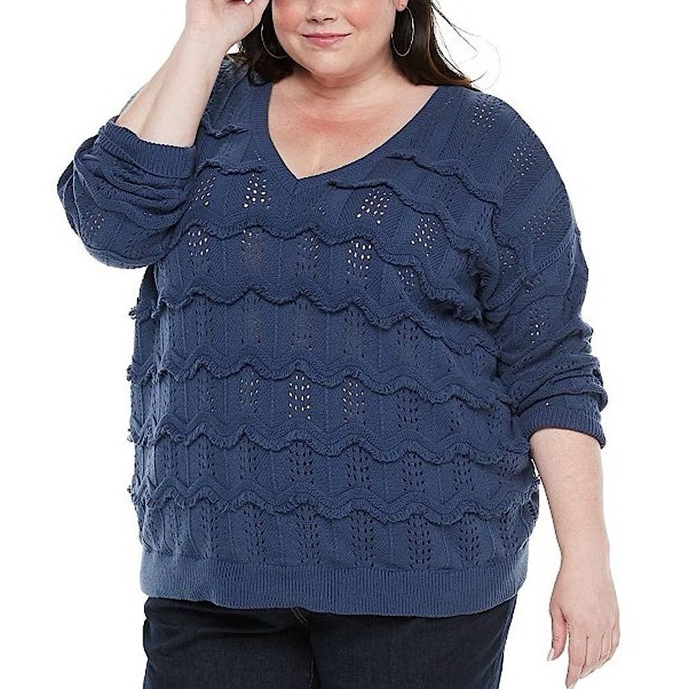 EVRI NWT Women's Plus Size Pacific Typhoon Wavy Pointelle V-Neck Knit Sweater 3X